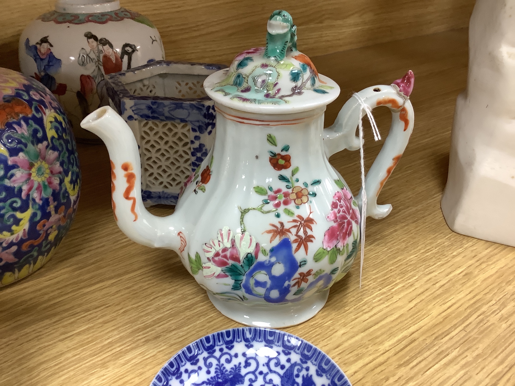 A group of mixed Chinese ceramics including a and 18th century famille rose teapot and four Samson Imari dishes, diameter 23cm